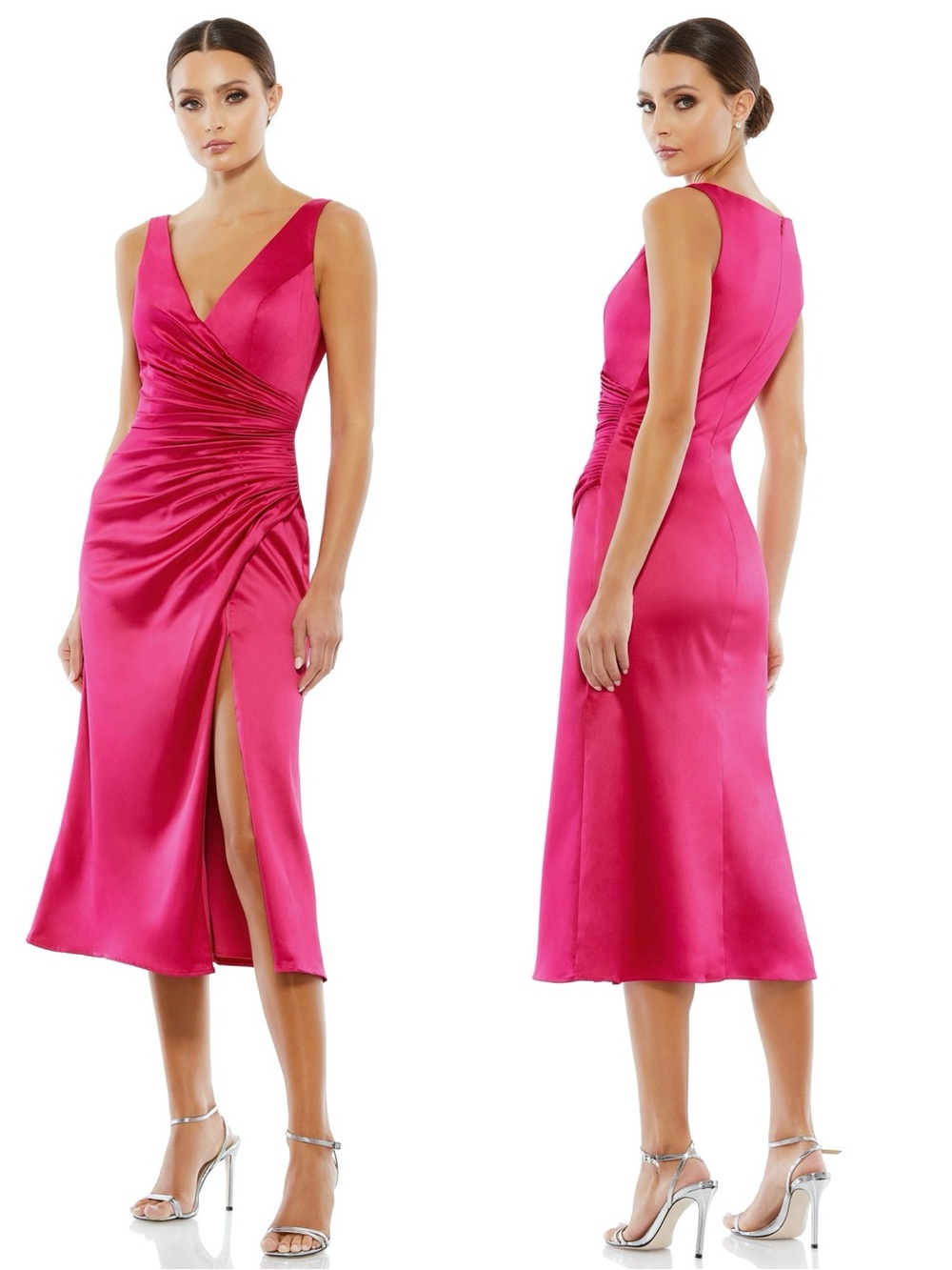 MAC DUGGAL Magenta Satin Draped Pleated Waist Old Money Wedding Guest Dress 0